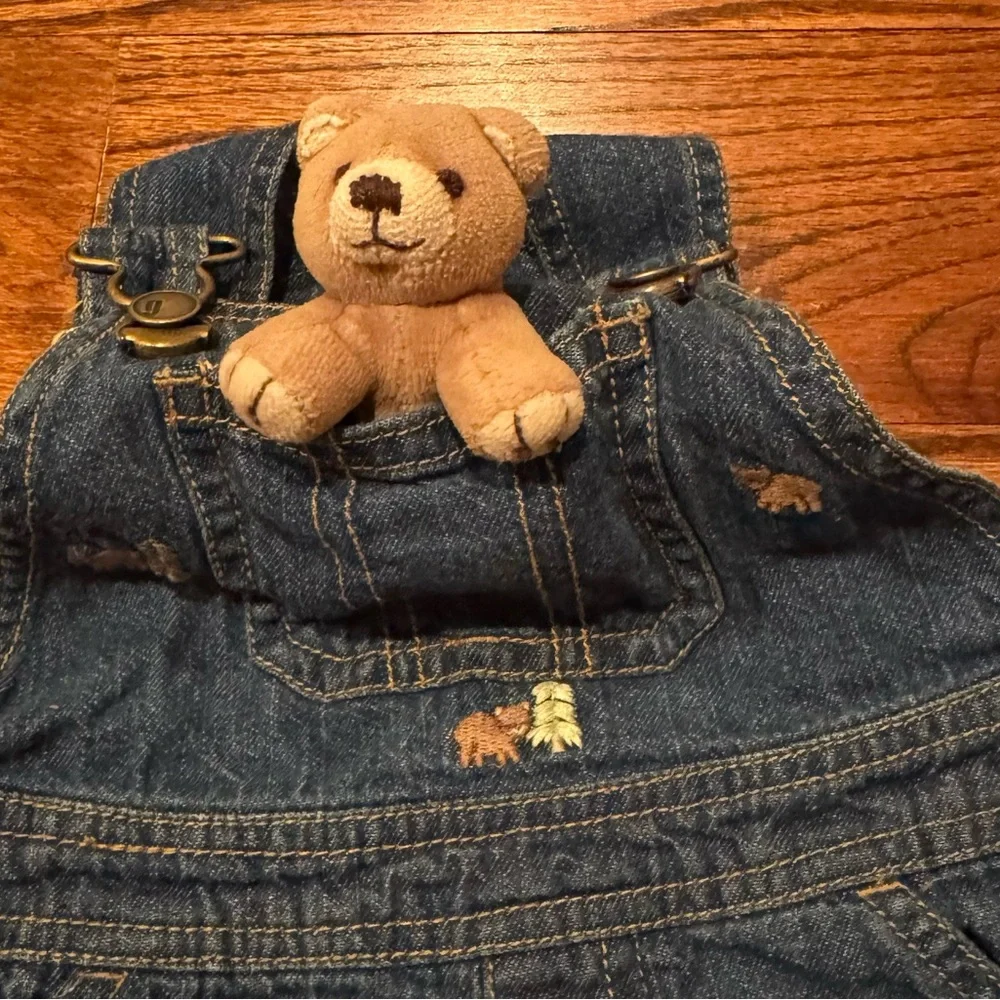 Gymboree 3-6M Denim Bear Embroidered Overalls w/ pocket teddy